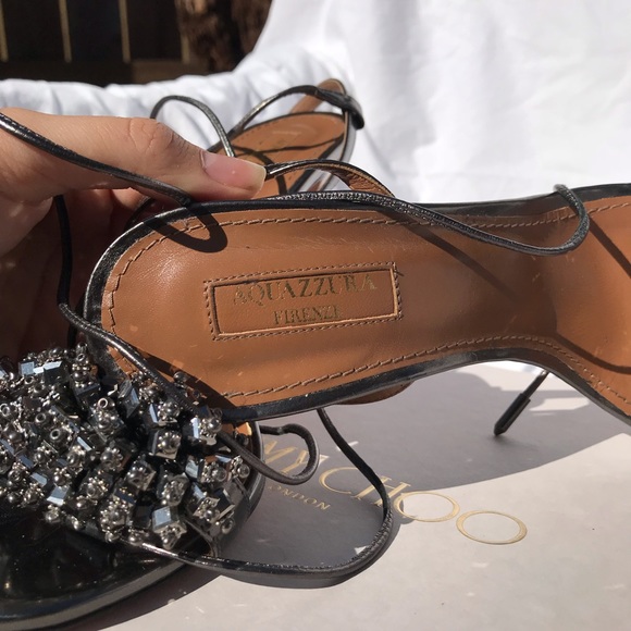 Aquazzura Grey Metallic Embellished Ankle Wrap - Picture 4 of 7